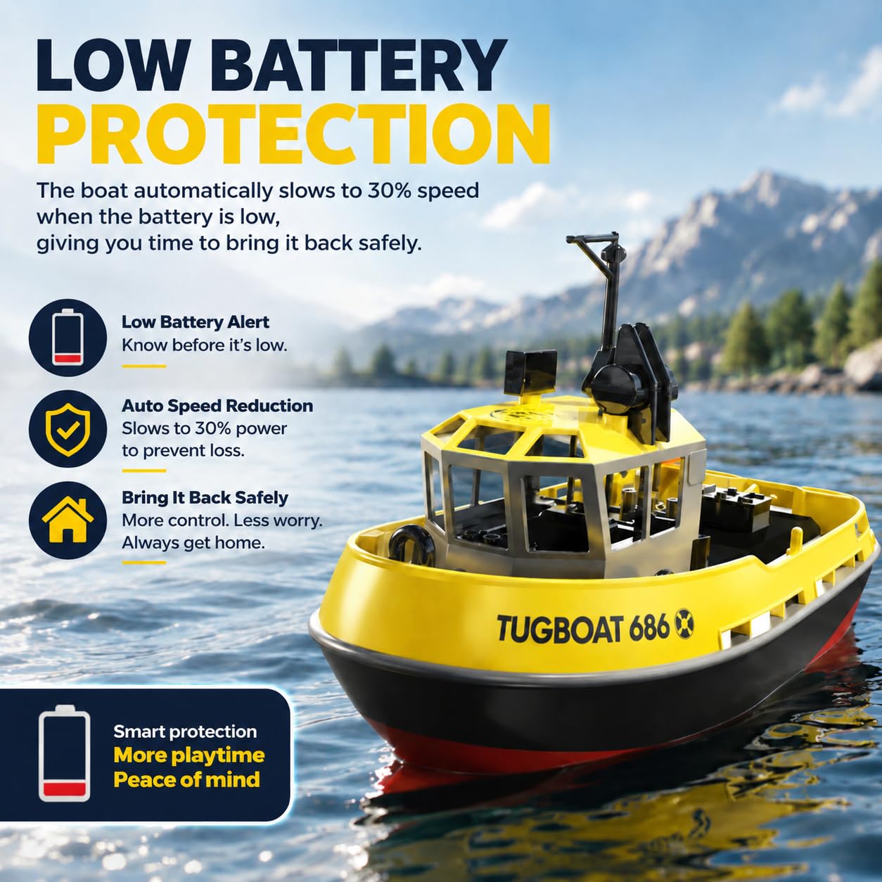 Barca radiocomandata 1/72 RC Tugboat per piscine e laghi, 2,4 Ghz, telecomando ad alta velocità, con luci a LED e allarme batteria scarica, per adolescenti e adulti