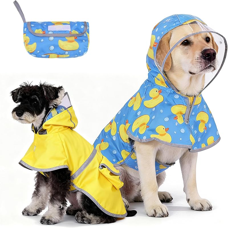 KOOLTAIL Dog Raincoats for Medium Large Dogs, Reversible Pet Rain Jacket Coat, Waterproof Reflective Puppy Poncho with Leash Hole, Adjustable Clear Hooded Double Layer with Easy Storage Pocket, L