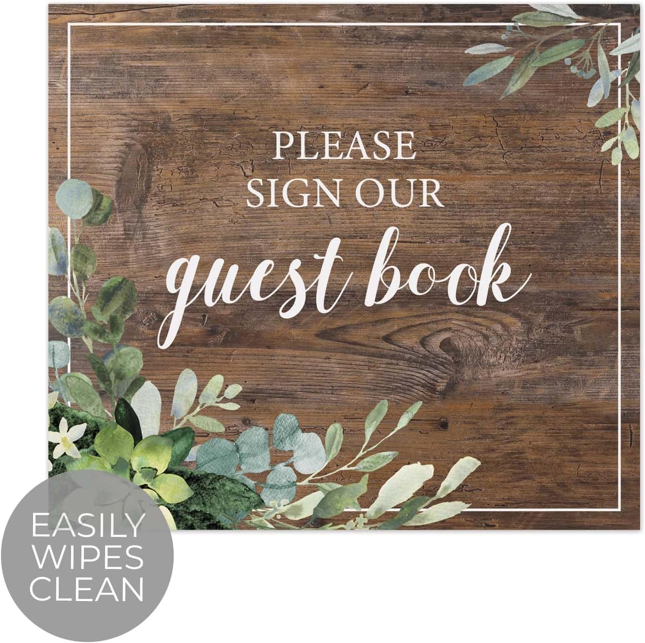 Lush Greenery Please Sign Our Guestbook Sign / 8" x 9" Flat Rustic Faux Wood Wedding Guest Signature Sign/Modern Floral Plastic Table Top Plaque/Made In The USA