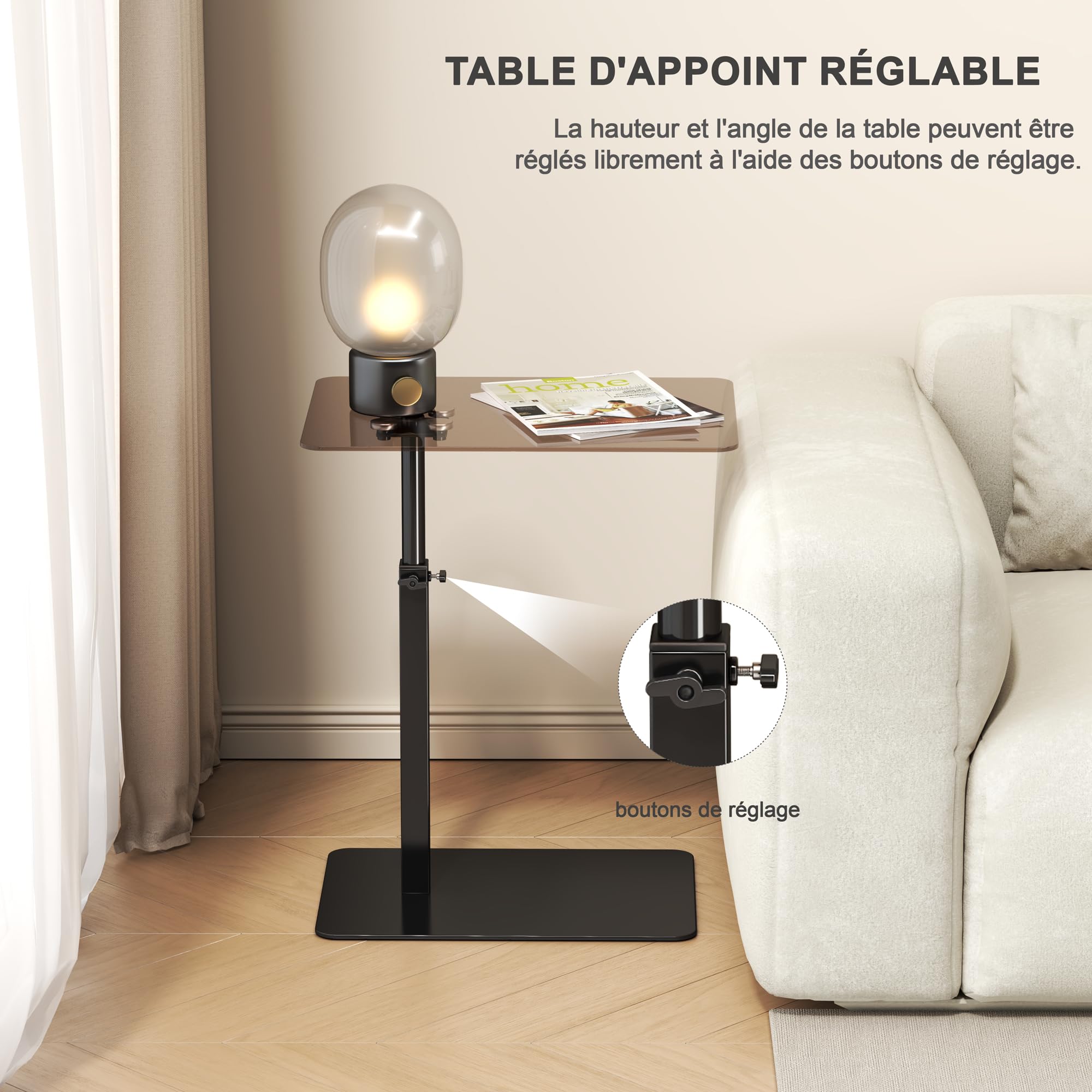 Mesa auxiliar de cristal en forma C, altura ajustable, base de metal, mesa auxiliar para sofá/cama, mesa giratoria de 360°, mesa auxiliar móvil para salón, color negro y transparente. (negro)