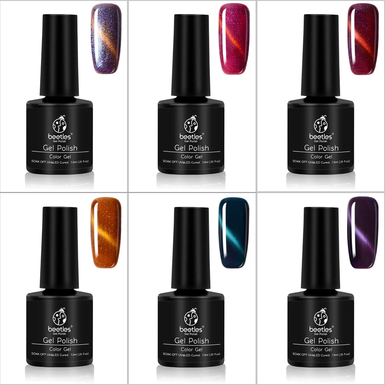 Beetles 3D Cat Eye Gel Polish Set - Pack of 6 Colors and 1 Magnet Stick - Long Lasting Soak Off UV LED Gel for Gift Set, 7.3 ml Each Bottle