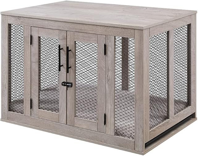 unipaws Wooden Dog Crate with Bed and Tray, Furniture Style Dog Crate, Medium Dog Kennels with Double Doors, End Table Dog House, Weathered Grey