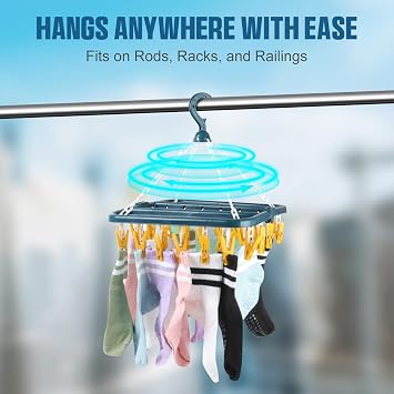 lohey Foldable Clothes Drying Rack with 32 Clips, Space-Saving Sock Hangers for Drying, Multi-Functional Clothes Pegs for Washing Line for Hats, Shoe Insoles, Underwear, Baby Clothes