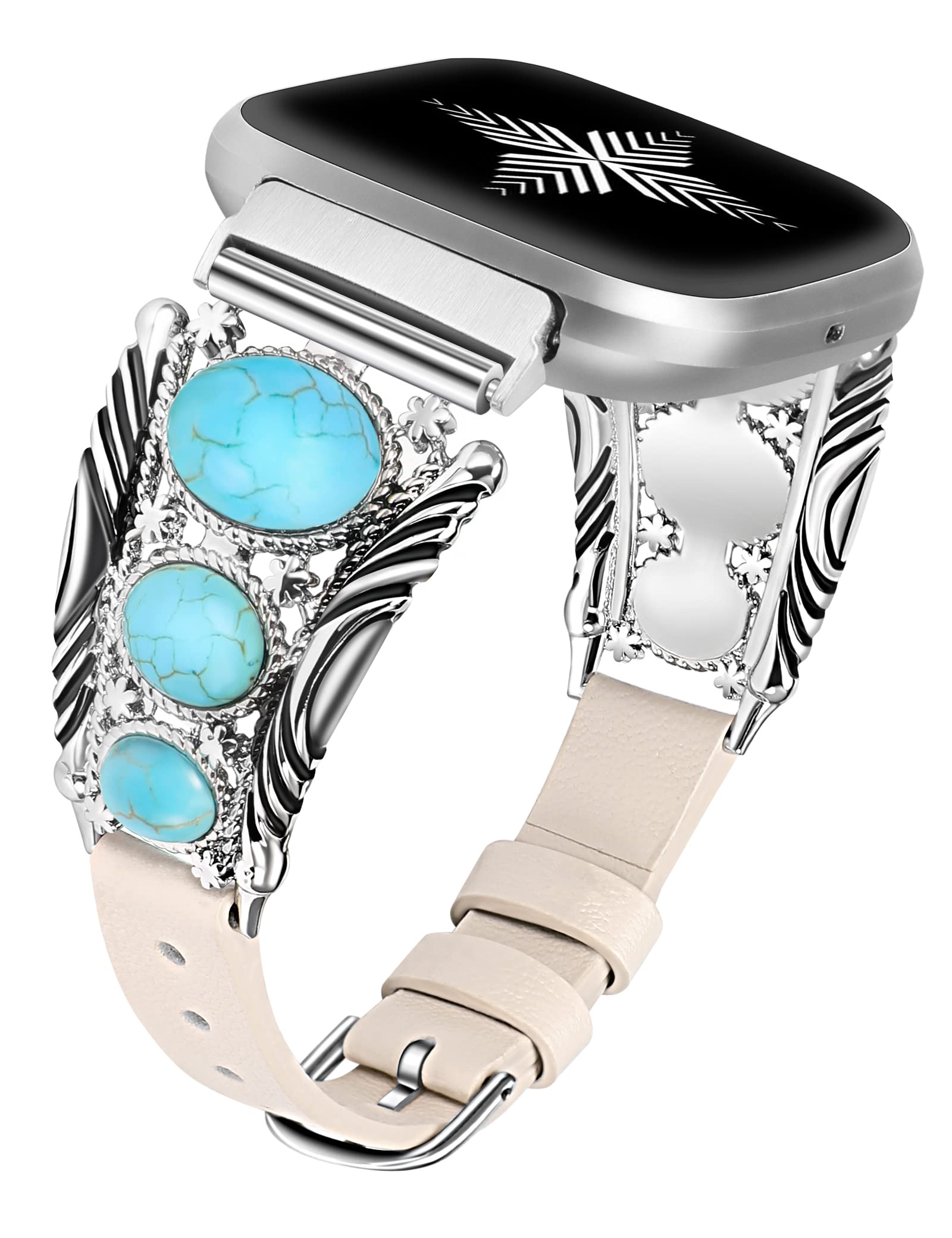 Minyee Leather Band Compatible with Fitbit Versa 2/Versa 1/Versa Lite Bands Women, Turquoise Western Boho Vintage Cowboy Retro Jewelry Ethnic Designer