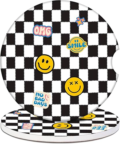 Posavasos para automóvil, posavasos de cerámica absorbente de cara sonriente en blanco y negro, posavasos de automóvil para portavasos, accesorios