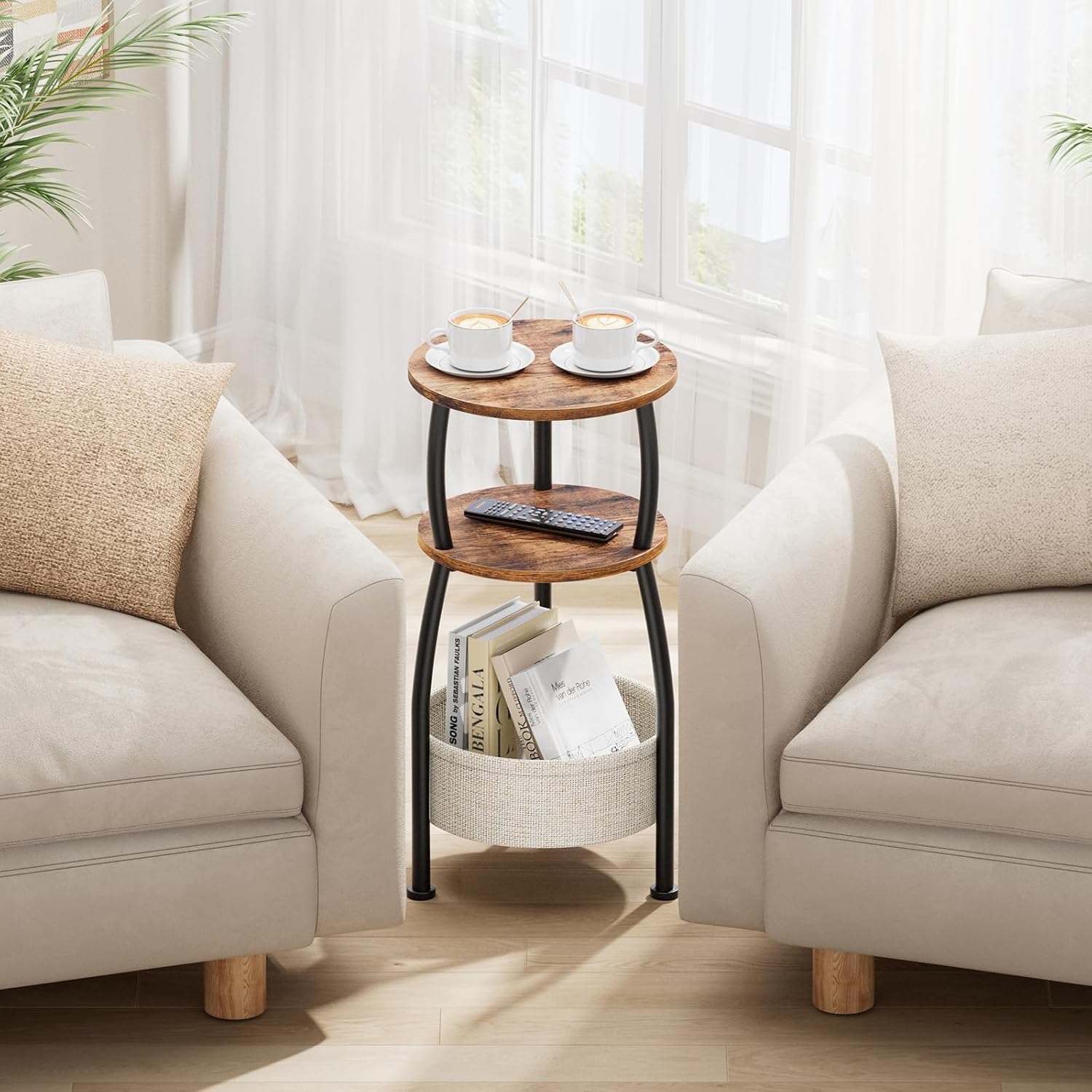 Small Side Table for Small Spaces with Storage Basket, Round End Table 3-Tier NightStand Sofa Corner Table for Living Room, Bedroom, Patio and More 24in Tall Rustic Brown