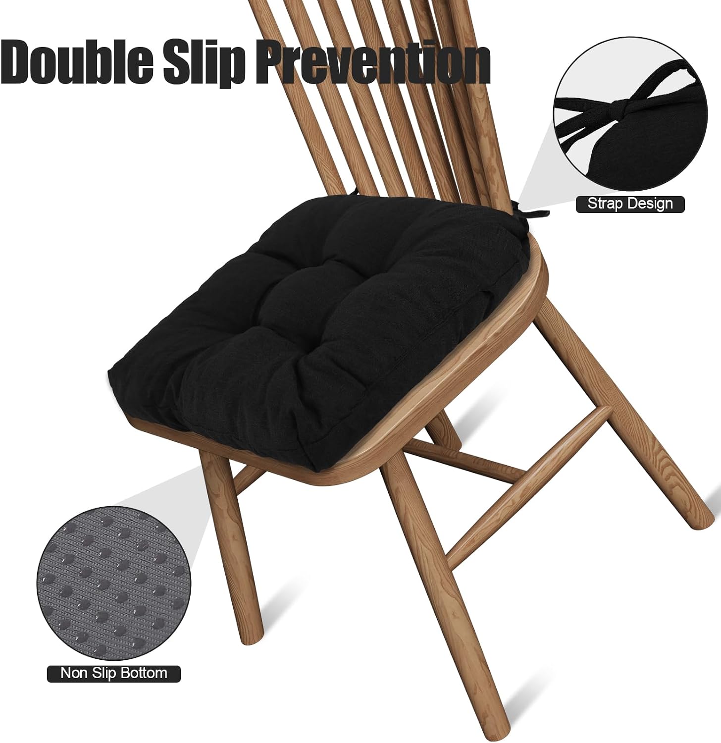 Chair Cushions for Dining Chairs Set of 6, U-Shaped Kitchen Chair Cushions Pads Bar Stool Seat Cushion with Ties and Non Slip Backing, Tufted Seat Pad for Indoor Dining Room, 15.5" x 15.5", Black