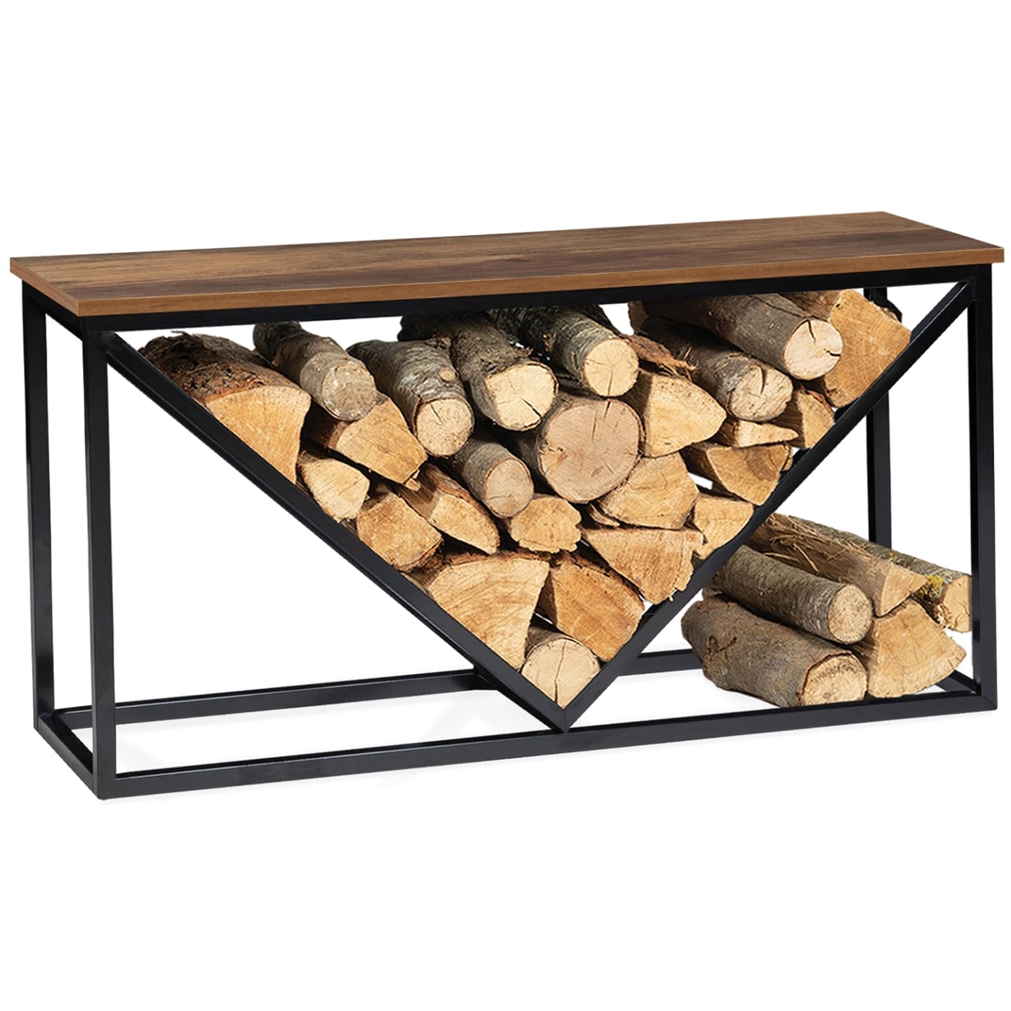 IDMarket - Range bûches Horizontal Hawkins Acier Noir Plateau Bois foncé pour cheminée