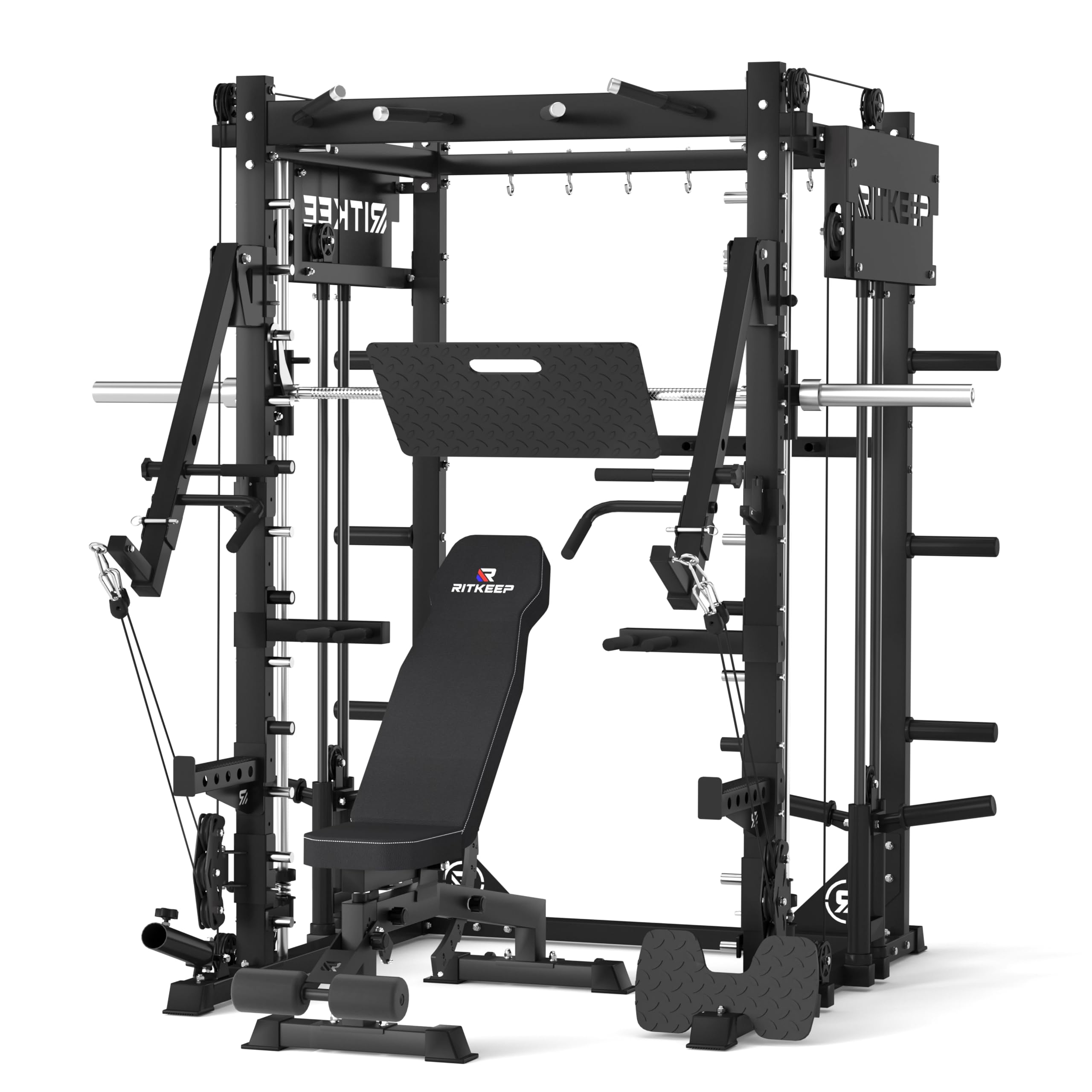Smith Machine mit Jammer Arms, Beinpresse-Board und Bank – RitKeep PMAX-4750, duales scheibenbeladenes Fitnessgerät mit einstellbarem 1:1- & 2:1-Flaschenzugsystem
