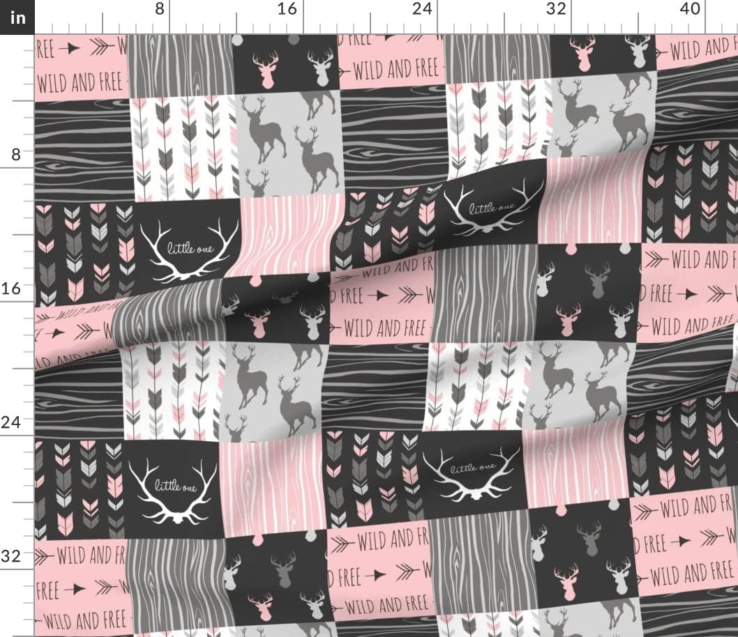 Spoonflower Fabric - Pink Cheater Quilt Deer Woodland Baby Girl Wild and Free Cabincore Printed on Cotton Poplin Fabric by The Yard - Sewing Shirting Quilting Dresses Apparel Crafts