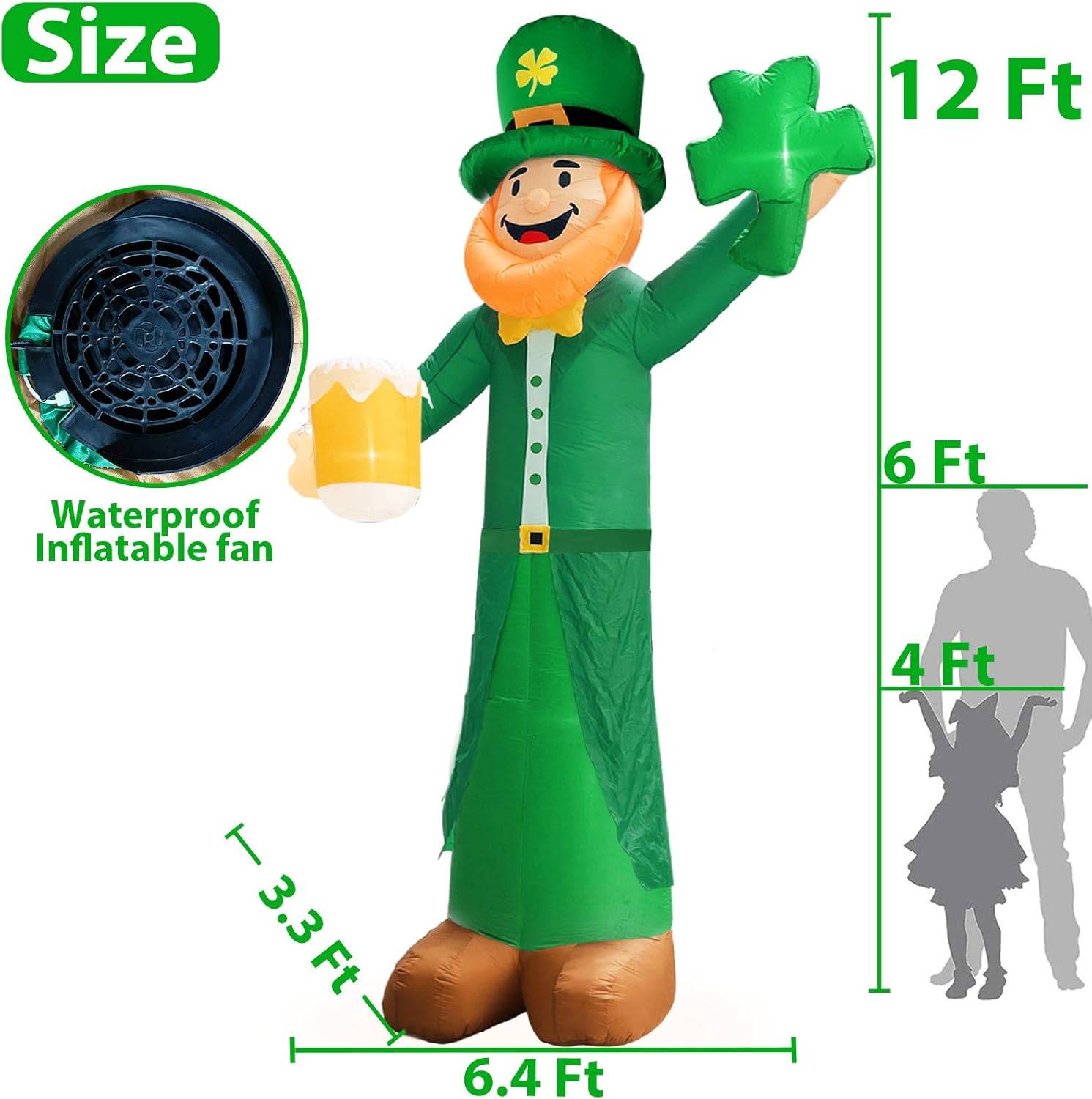 12 Ft St Patricks Day Decorations Inflatable Leprechaun, Blow up Leprechaun Hold Shamrocks Beer Build-in LED Light for Yard Garden Decorations, Indoor and Outdoor Theme Party Yard, Garden, Lawn Decor - Image 2