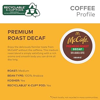 McCafe Premium Roast Decaf Coffee, Single Serve Keurig K-Cup Pods, Decaffeinated, 96 Count (4 Packs of 24)