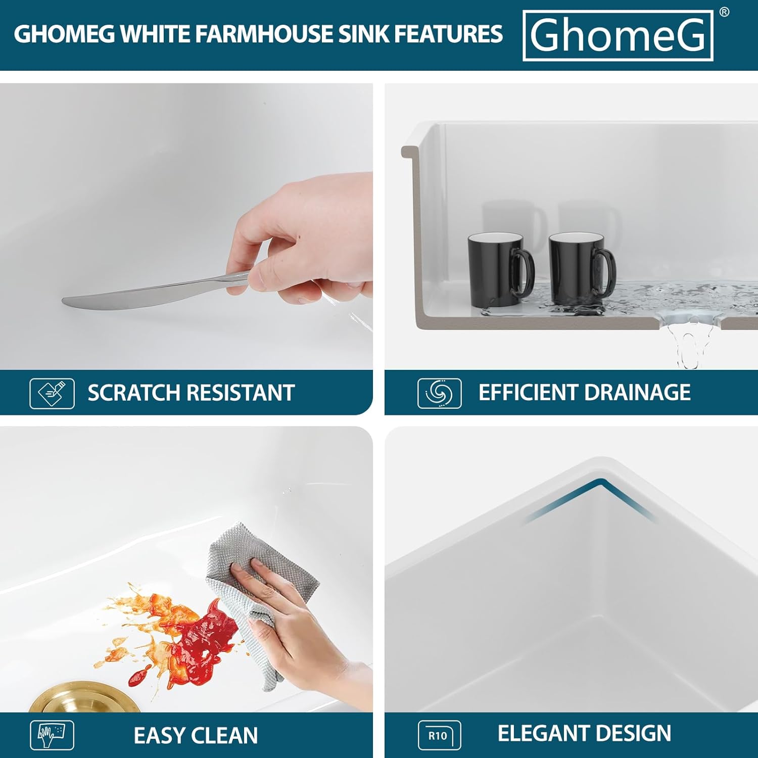 White Undermount Kitchen Sink 27 Inch Fireclay Porcelain Pure White Kitchen Sink 27"x19"x10" Dual Mount Single Bowl Glossy - Gold Drain