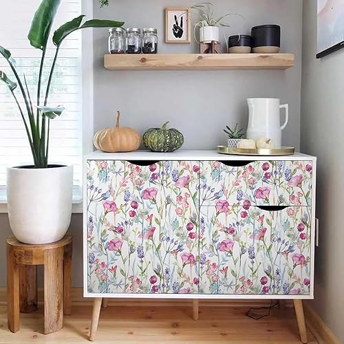 Miniatura 5 de Papel tapiz con diseño de flores silvestres en acuarela, color blanco, morado, rosa, botánico, autoadhesivo, extraíble, fácil de despegar en papel