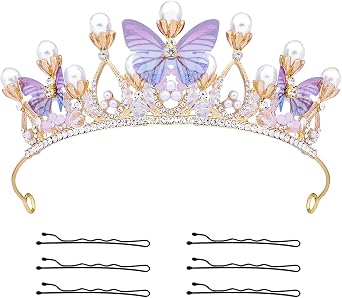 KINBOM Crown Exquisite Princess with Pearls Butterfly Headband for Halloween Christmas Birthday Cosplay Costumes