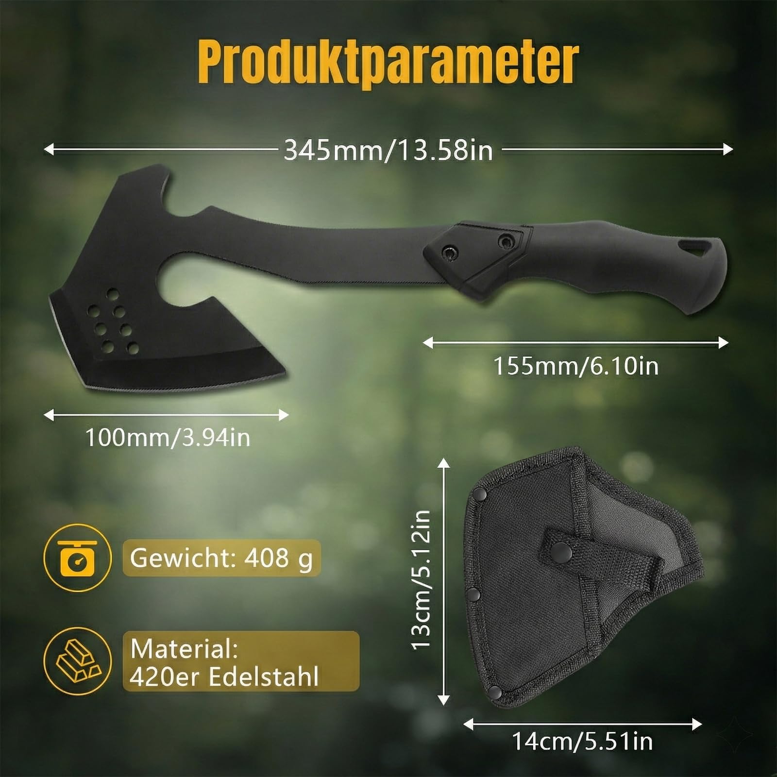 ISEYOU Campingbeil Axt Klein - Outdoor Handbeil aus 420 Edelstahl mit Nylonscheide - Scharfes Spaltbeil für Brennholz, Garten & Bushcraft - Robustes Universalbeil & Trekking Beil