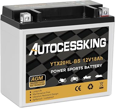 Autocessking YTX20HL-BS Motorcycle Battery, 12V 18AH Rechargeable Maintenance Free Sealed AGM Battery Powersport Replacement Battery for ATV and Scooter