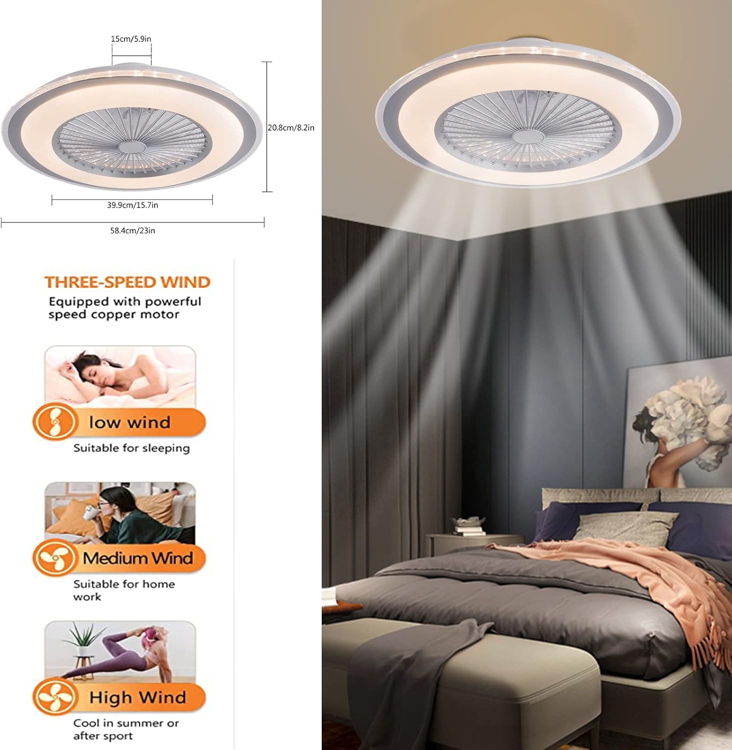 Illustrations of the three wind speed settings: Low for sleeping, Medium for homework, and High for cooling after sports.