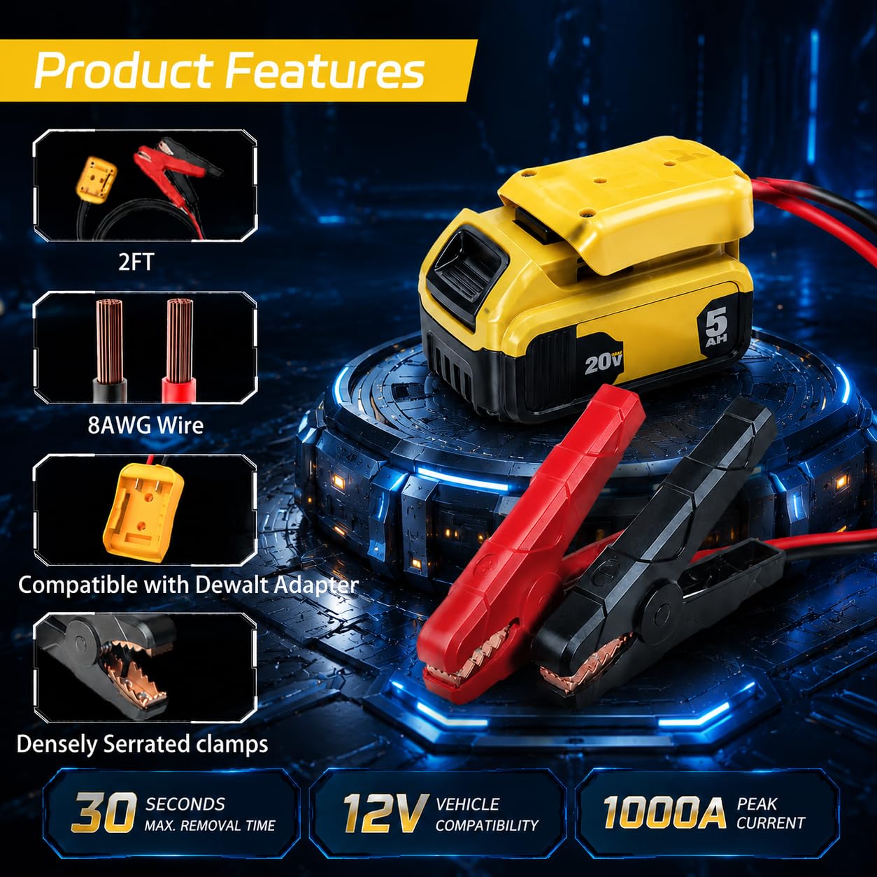Adaptador de cables de puente de 20 V para Dewalt, cobre morado 8 AWG, abrazaderas grandes, cables de arranque de batería portátil para autos/cortacésped/herramientas, resistente al calor de 200