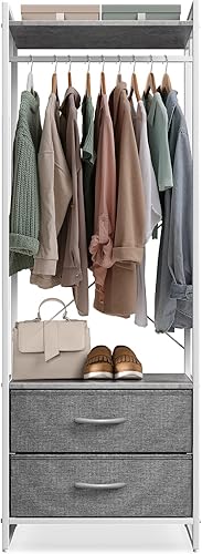 Miniatura 1 de Sorbus Perchero para ropa con cajones  Cómoda  Parte superior de madera, marco de acero y cajones de tela  Organizador alto de almacenamiento de