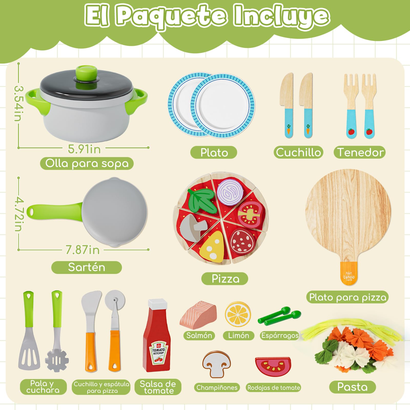 Lehoo Castle Comida Juguete Cocinita, Accesorios Cocina Juguetes, Pizza de Madera, Cocinita de Madera Infantil, Juguetes Niña 3 Años