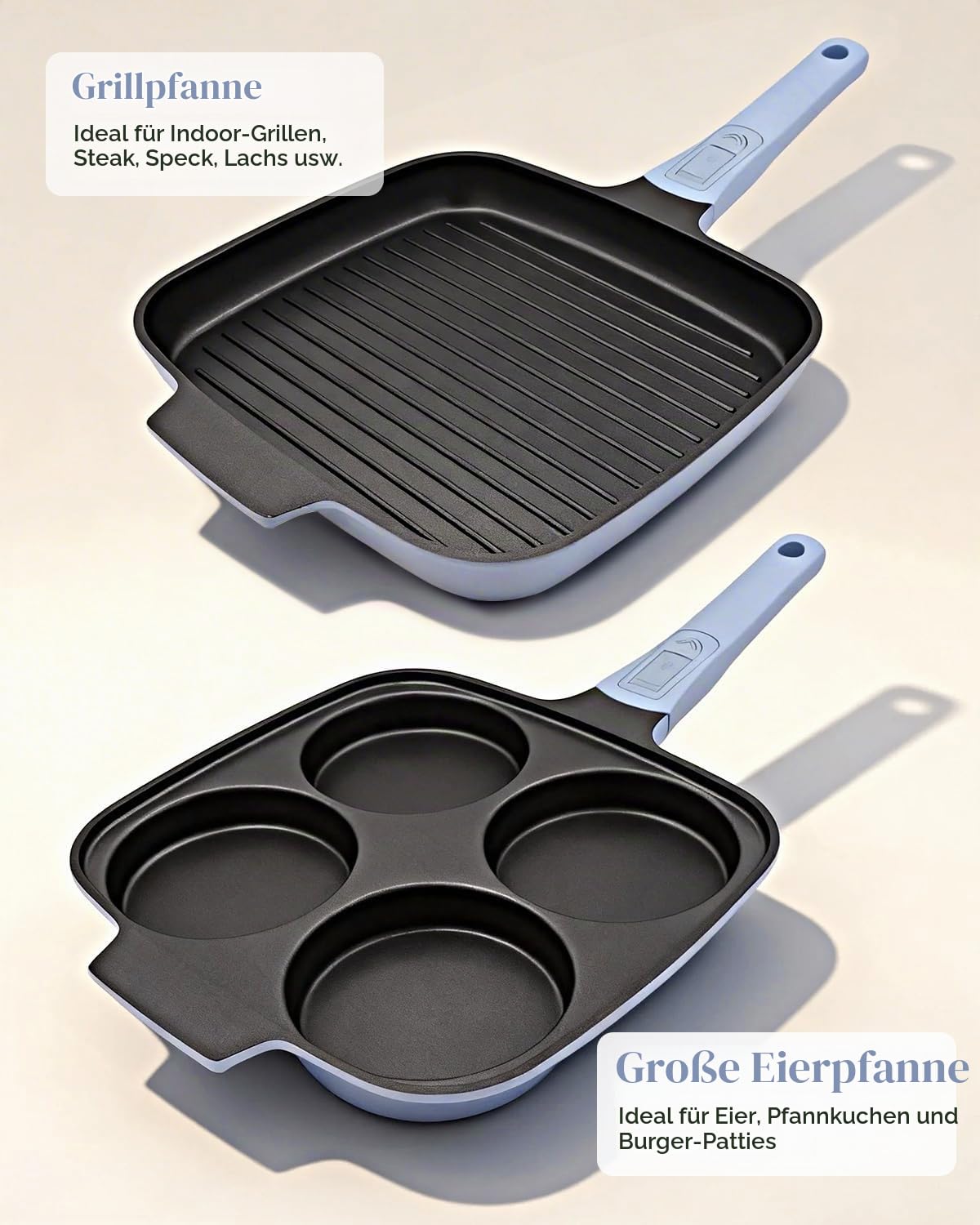 2-Teiliges Pfannenset mit Eierpfanne und Grillpfanne, Blau