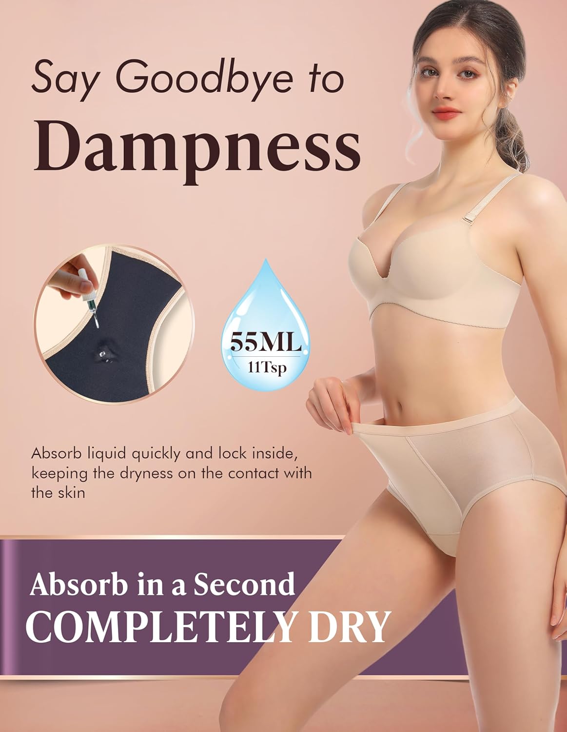 AIRCUTE Washable Women Urine Incontinence Underwear Leak Proof Panties for Postpartum Bladder Leak with 50 ml Absorbency 3 Pack (Beige, L) - Image 2