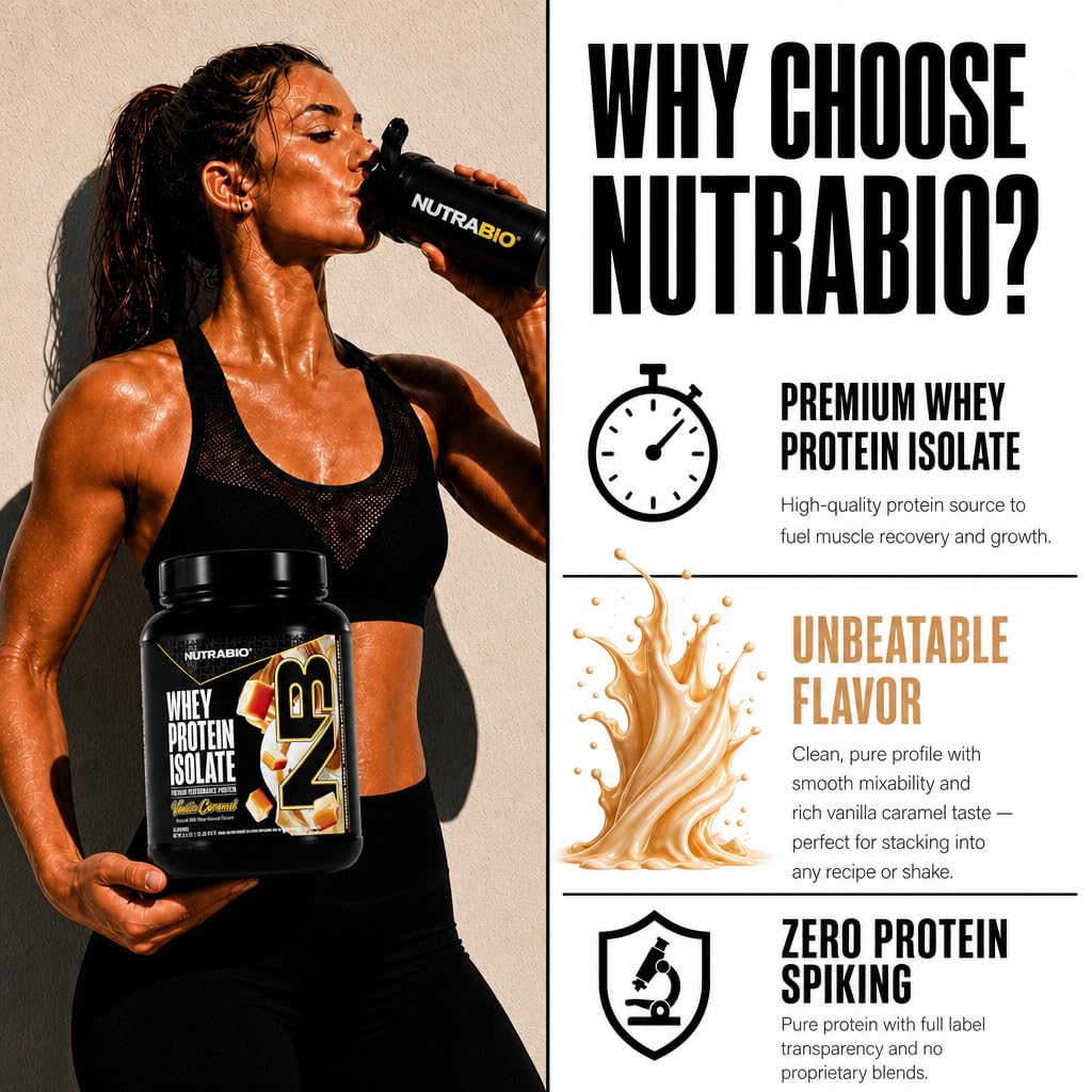 NutraBio 100% Whey Protein Isolate Protein Powder, 25g Protein with Complete Amino Acid Profile, Non-GMO, Soy & Gluten Free, Low Carb, Low Calorie Whey Protein Powder, Vanilla Caramel, 20 Servings — Amazon image 4