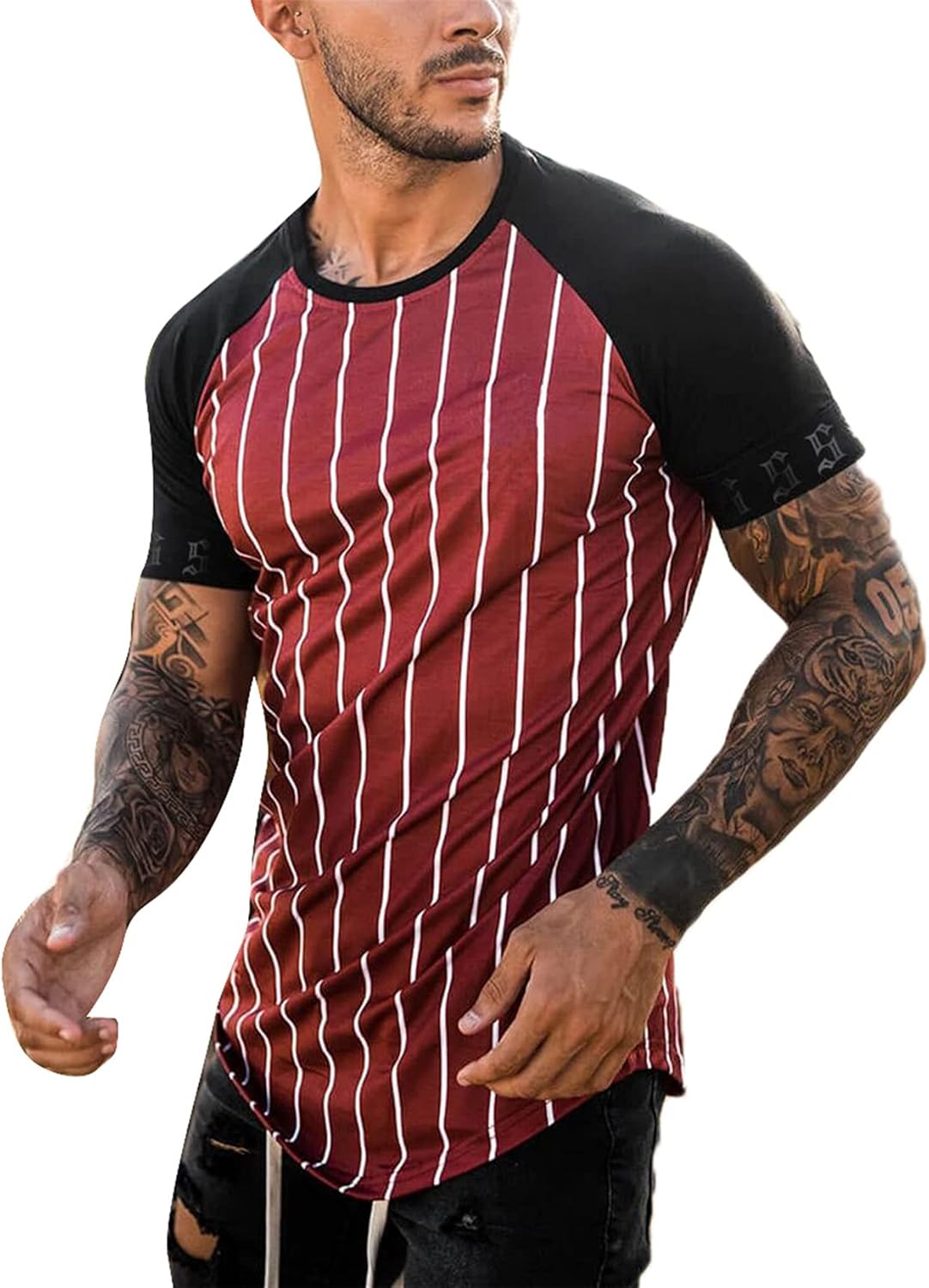 Raglan T-shirt voor heren, retro, korte mouwen, ronde hals, letterprint, modieuze tops, # 1., XL