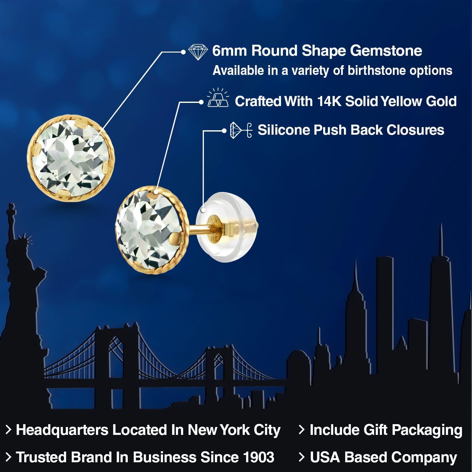 Gem Stone King 14K Gold 6MM Round Gemstone Birthstone Stud Earrings | Gold Earrings For Women Men