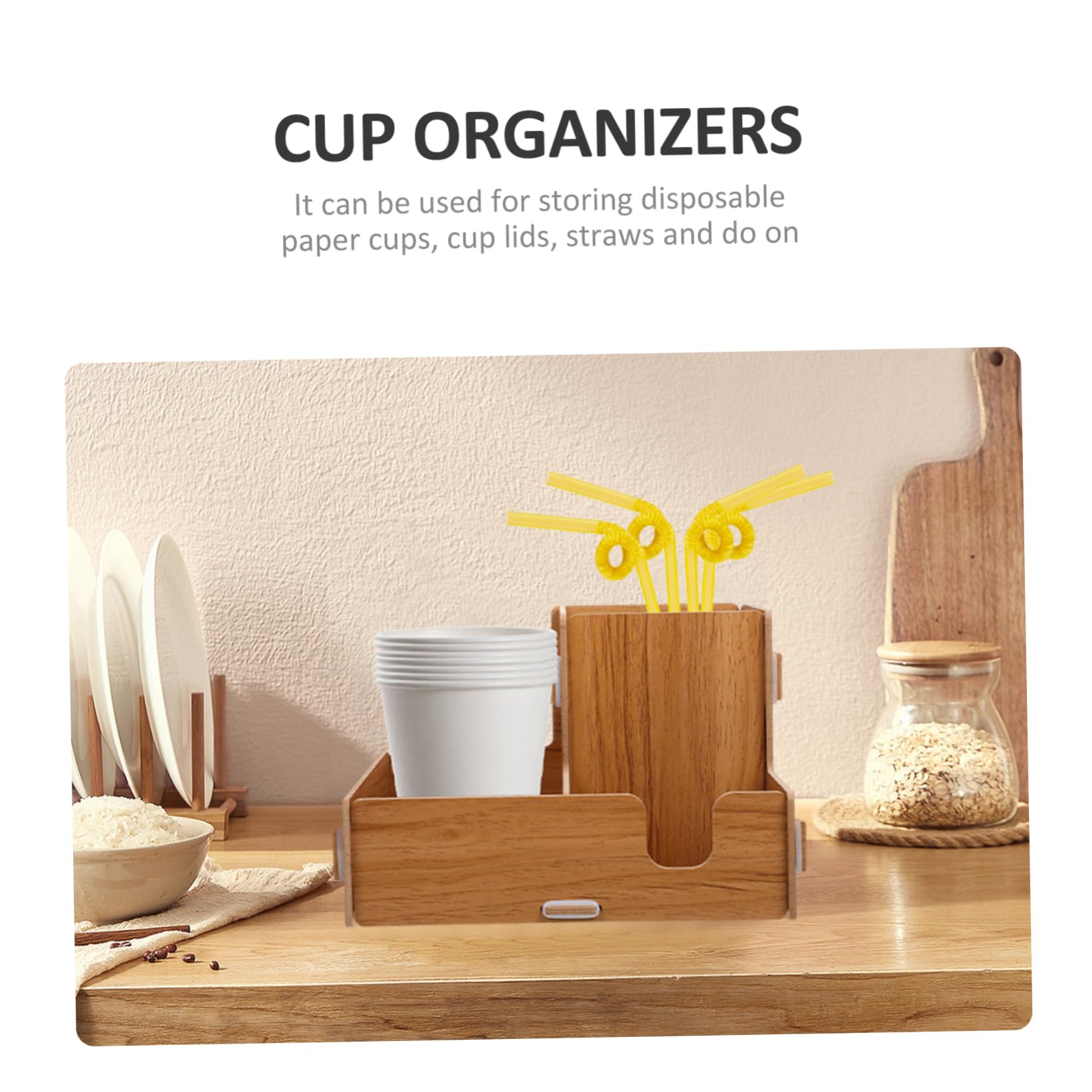 Porta Bicchieri Organizer da Tavolo in Legno Scomparti per Coperchi e Cannucce per Bicchieri di Carta USA e Getta per caffè e Ristoranti