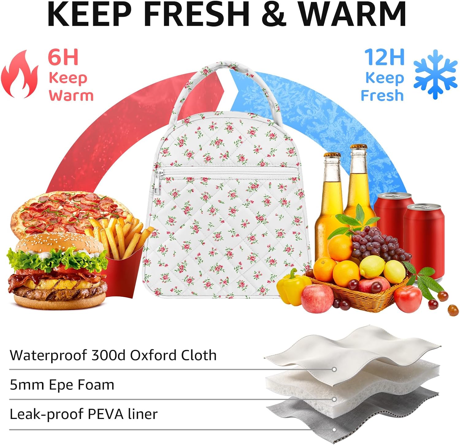 Paquesta Lunch Bag Women Stylish Quilted Lunch Boxes for Adult Fit and Fresh Cooler Insulated Lunchbox for Work Large 11 Liters Cute Compact Lunchbag Waterproof Red Floral