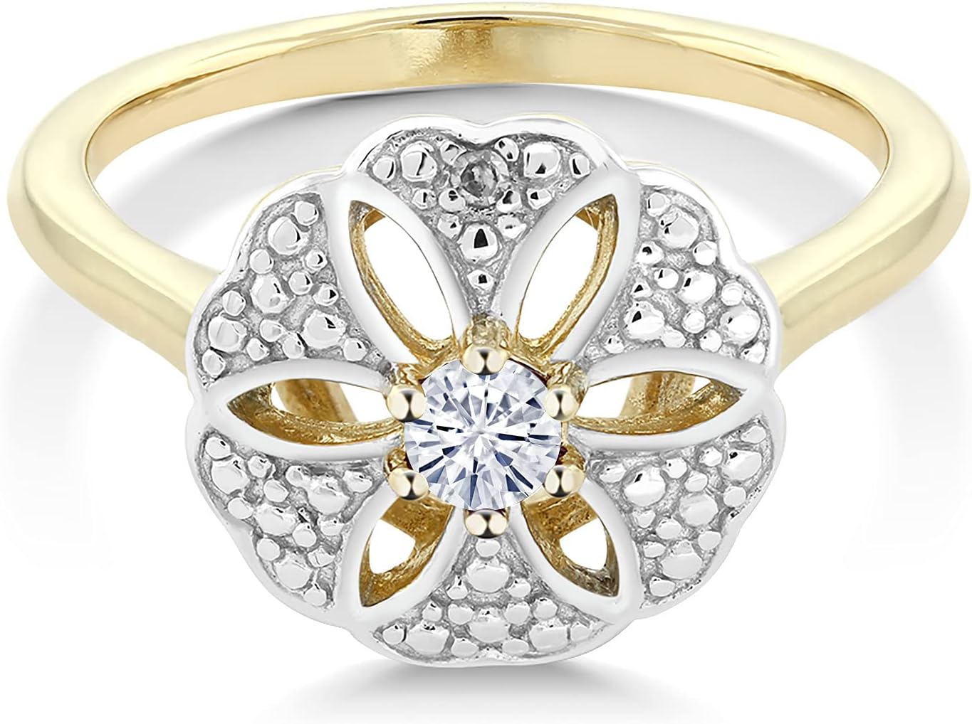Gem Stone King 18K Yellow Gold Plated Silver White Moissanite and White Diamond Engagement Ring For Women | 0.11 Cttw | Round 3MM | Gemstone Birthstone
