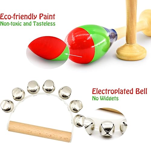 Miniatura 2 de MUSICUBE Juego de 7 piezas de instrumentos musicales para niños, instrumentos de percusión de madera con tambor de mano, maracas, triángulos,