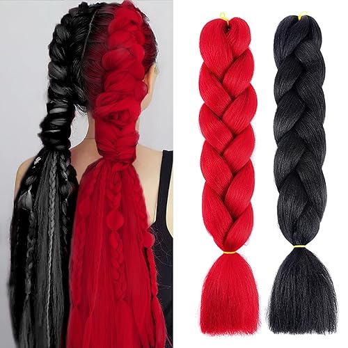 Miniatura 2 de MDRTIRIM Cabello trenzado de color liso, sintético, jumbo, rojo y negro, extensiones preestiradas, fibra resistente a altas temperaturas, pelo