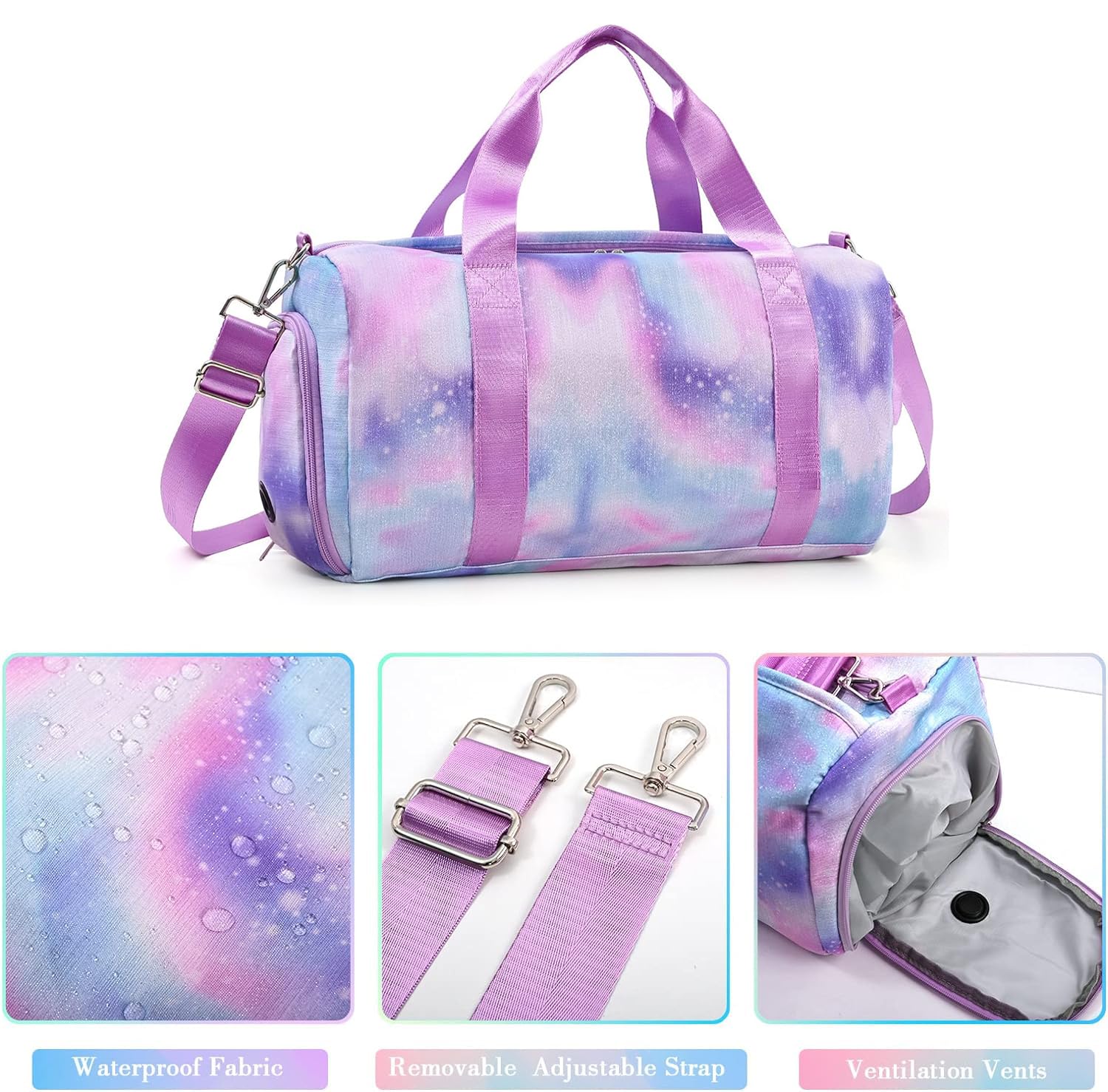 Kindersporttasche Reisetasche mit Schuhfach & Nassfach Schwimmtasche, Kinder Mädchen Reisetasche für Gymnastik Schwimm Niedlich Buntes Tanztasche Regenbogen Muster Sporttasche (lila)