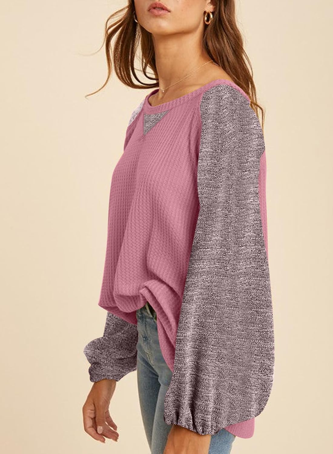 SHEWIN Womens Waffle Knit Tops Casual Crewneck Contrast Long Sleeve Shirts Loose Blouses Pullover Tunic Top - Image 3