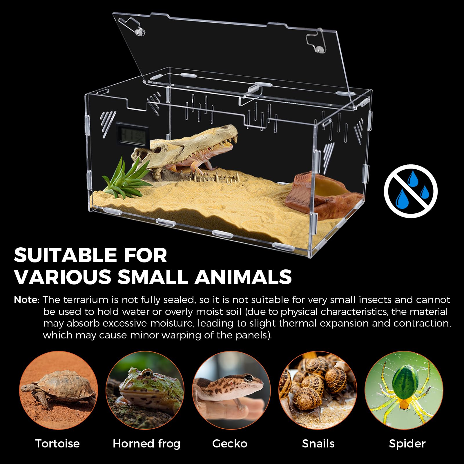 Homtone Terrario de acrílico, terrario de caracoles de temperatura e higrómetro, caja grande transparente para reptiles, caja de cultivo de reptiles portátil, camaleón (39 x 25 x 19 cm)