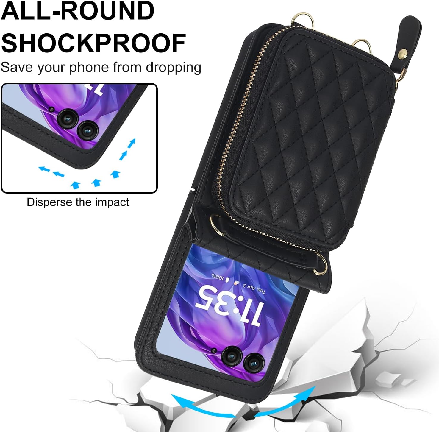 for Motorola Razr 2024 Wallet Case with Crossbody Strap, [RFID Blocking] Large Capacity Card Slot Case Women Girls Premium Leather Zipper Wrist Strap Flip Cover for Motorola Razr 50 2024 Black