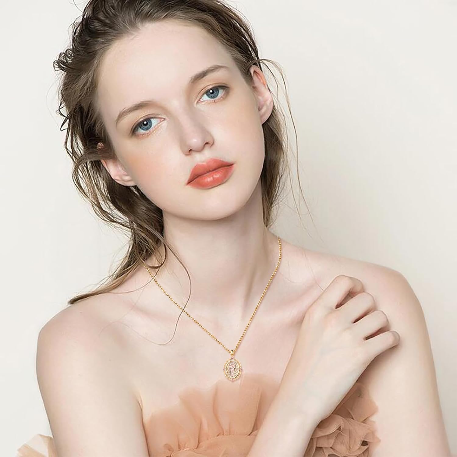 Alphm Virgin Mary/Saint Jude Necklace 925 Sterling Silver Gold Plated Virgen De Guadalupe/San Judas Tadeo Pendant Religious Jewelry for Women