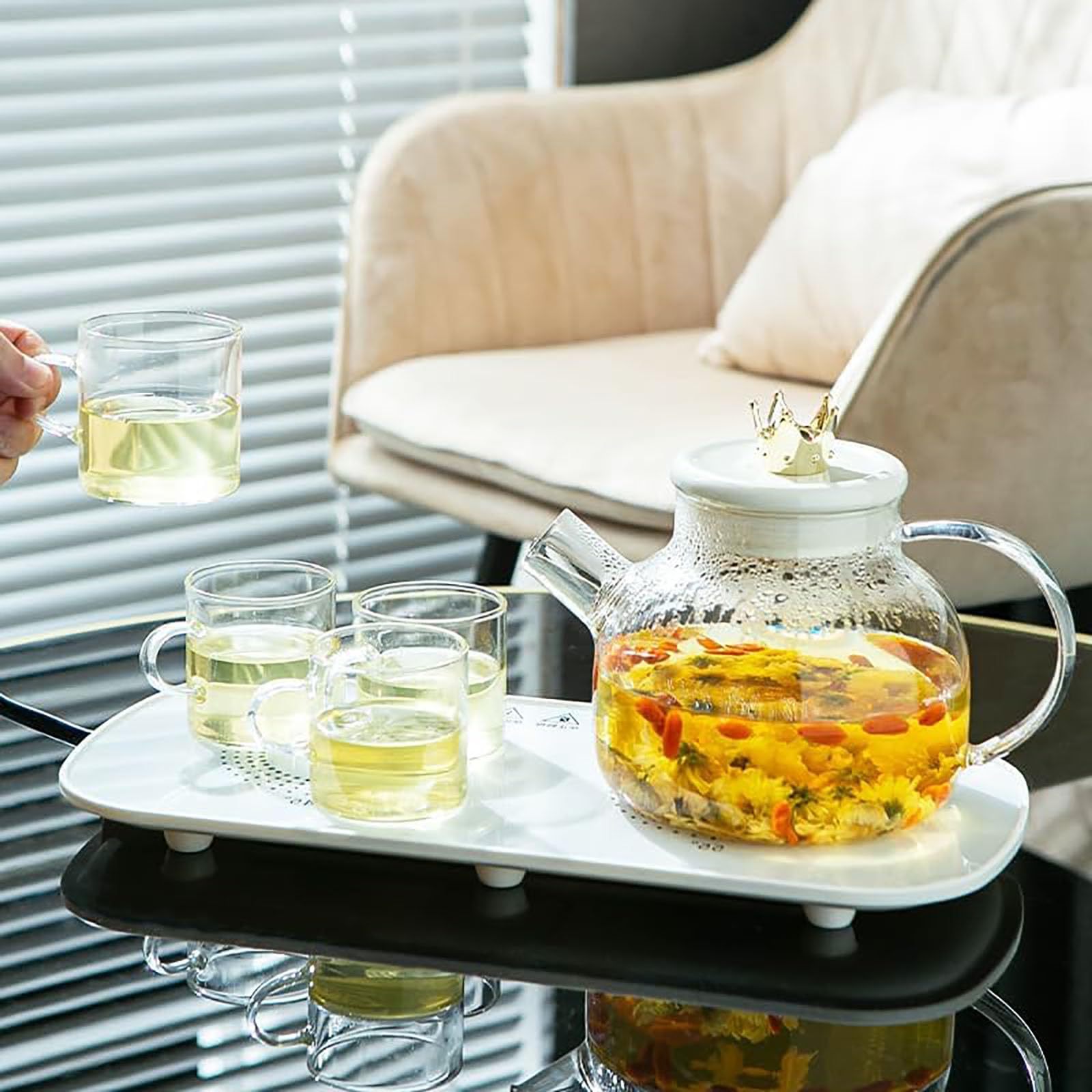Teeservice aus Glas mit Teekannenwärmer – 55°C Thermostat-Teekanne mit Stövchen, Borosilikat-Glas, 4 Teegläser, Geschenkset für Erwachsene, Blühende Teekanne für Zuhause & Büro