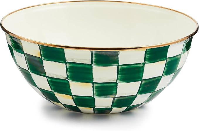 MACKENZIE-CHILDS Enamel Everyday Bowl, Serving Bowl for Entertaining, Extra Large, Brown-and-White Mocha Check
