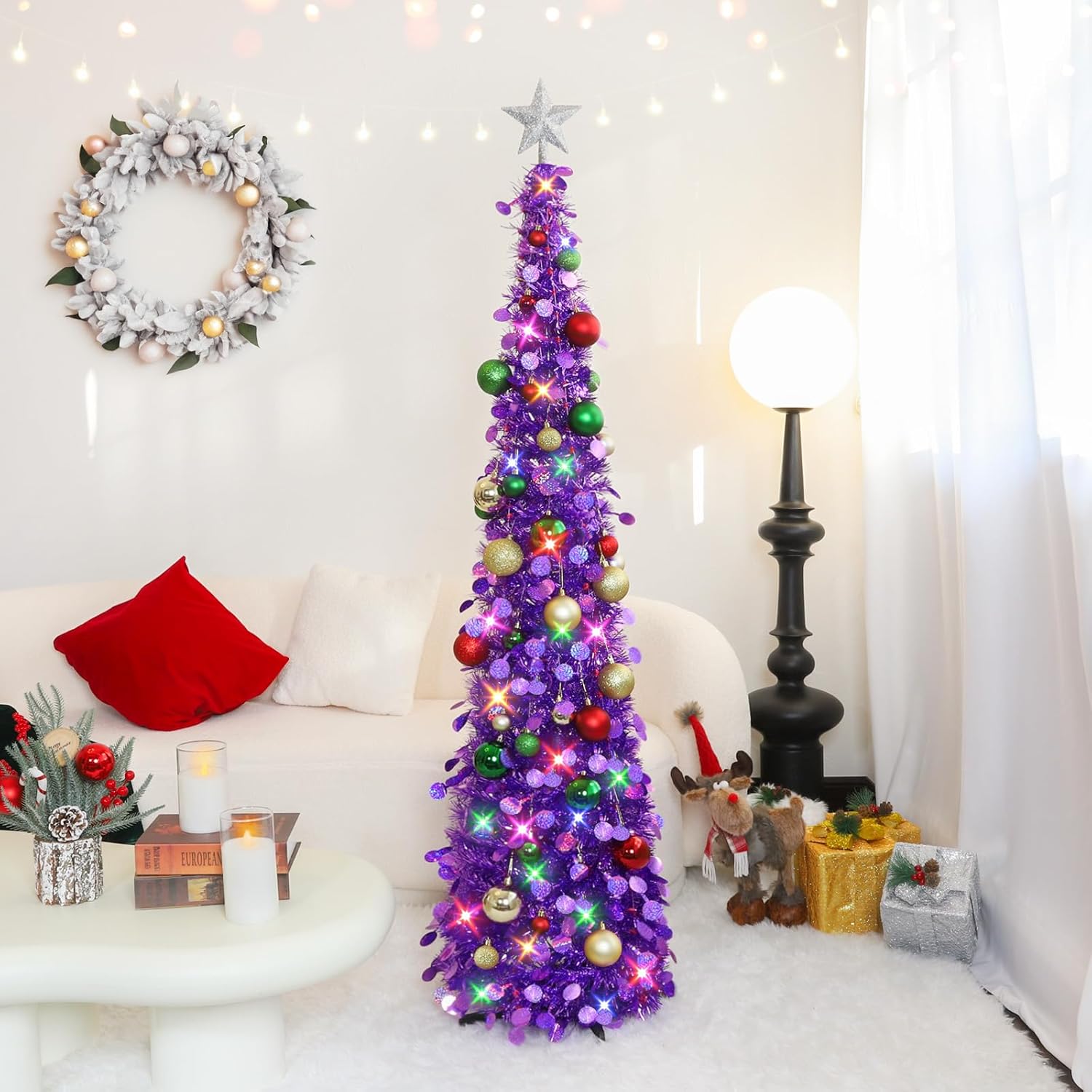 N&T NIETING Pop Up Christmas Tree with Lights & 30 Balls, 5Ft Collapsible New Purple Tinsel Xmas Tree Decorations, Pencil Christmas Tree Skinny Tree for Holiday Xmas Home Office Decor, Purple