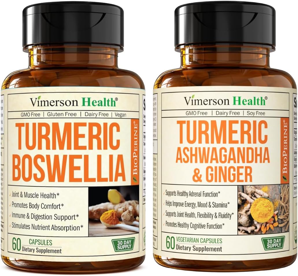 Boswellia Turmeric Curcumin Supplement + Turmeric Ashwagandha with Ginger Bundle – for Joint Health, Energy & Immune Support – with Ginger Root, Organic Turmeric Powder, Curcumin with Black Pepper