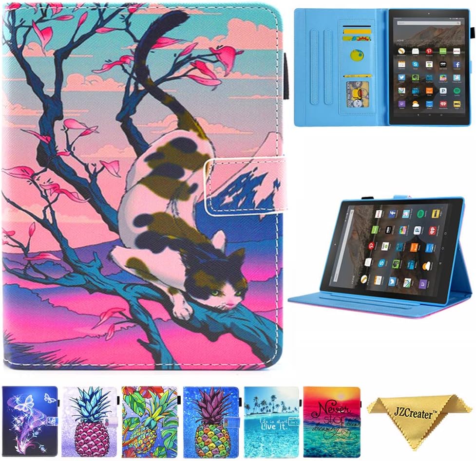 Folio Case for Kindle fire HD 10, JZCreater Slim Leather Standing Case Cover with Auto Wake/Sleep for All-New Kindle Fire HD 10.1" Tablet (7th Generation, 2017 Release), Cat