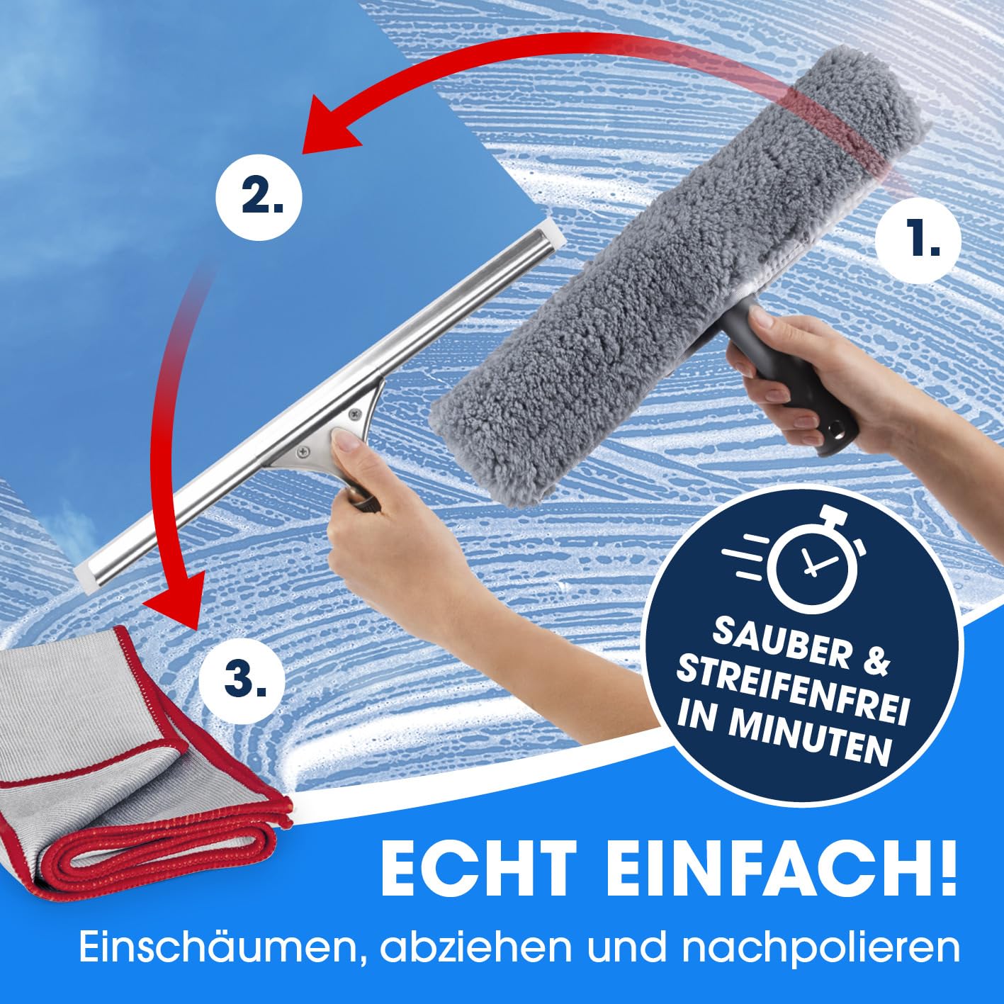 CLEANmaxx Fensterreiniger Set | 7-TLG. Fensterputzer Set für Oberflächen in Haus & Auto - inklusive Fensterabzieher, Fensterwischer, Reiniger, Wischtuch, Eimer und Halterungen für Wischer & Abzieher