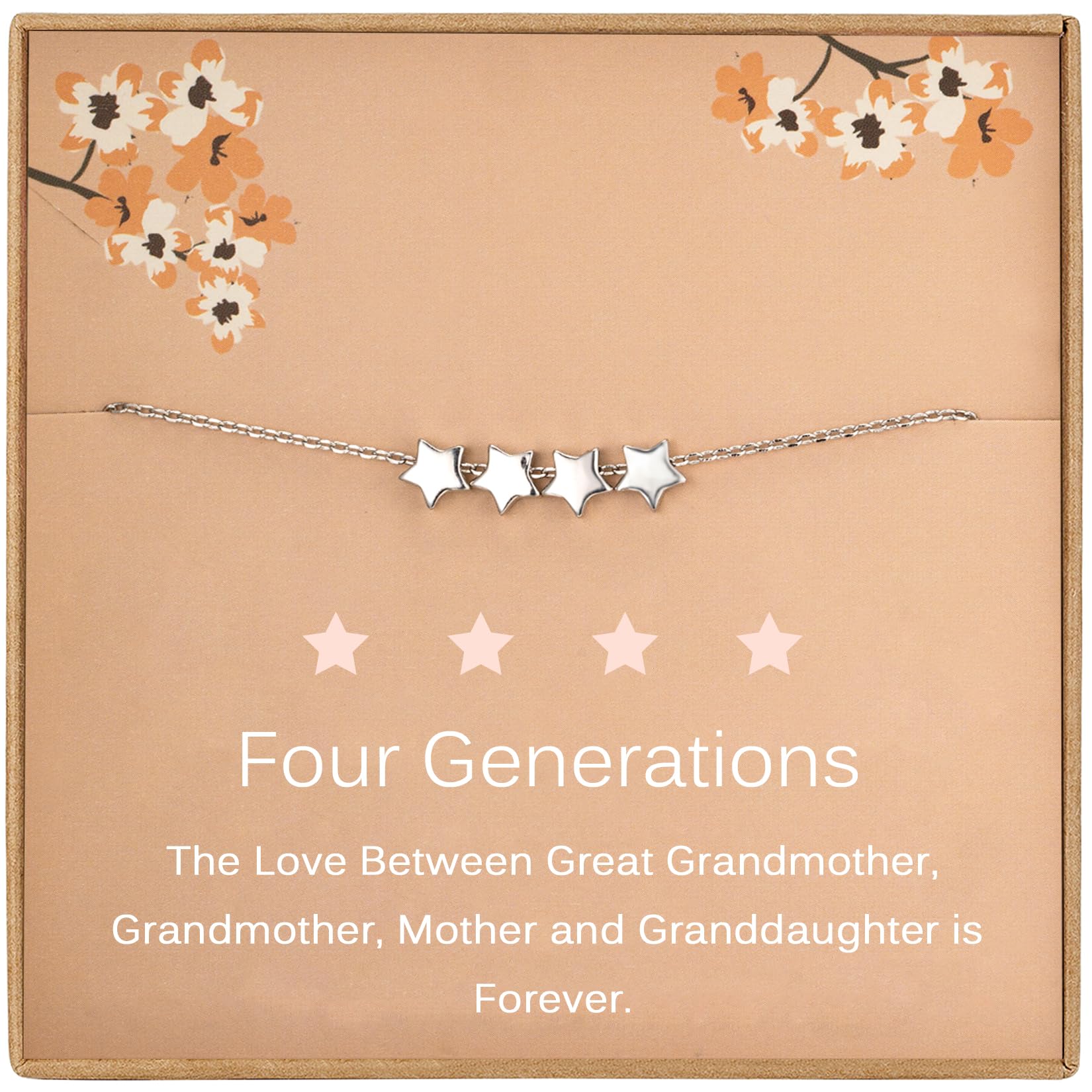 4 Generations Bracelet, 925 Sterling Silver Four Star Bracelet, 6mm, Great Grandma Gifts, Mother’s Day Jewellery for Grandmother, Dainty Bracelet for Granddaughter