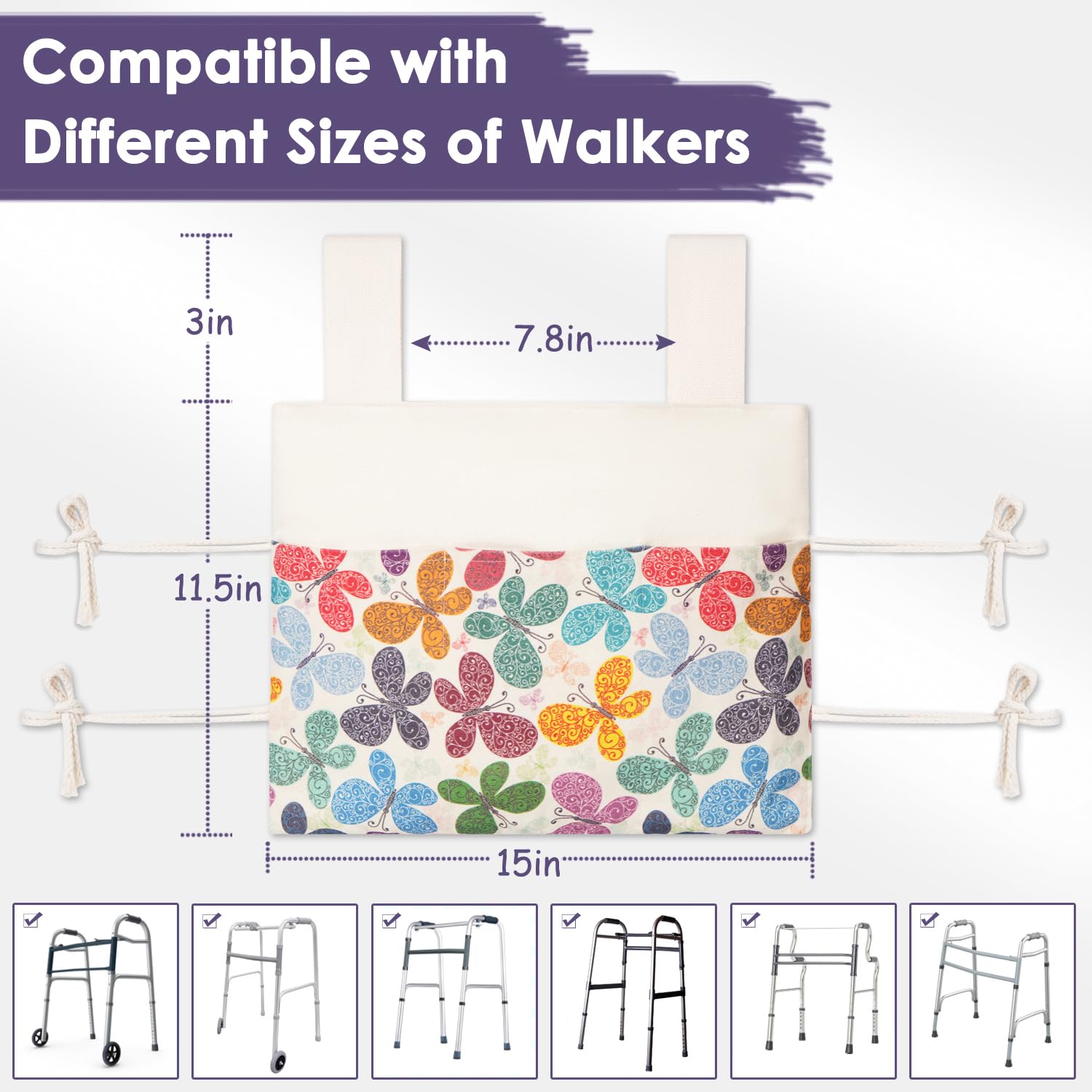 TOGETRUE Bolsa para andador, práctica canasta para andador con portavasos de agua, bolsa de almacenamiento de accesorios para andador plegable, sillas de ruedas, cochecitos, 15" x 11.5" (mariposa)