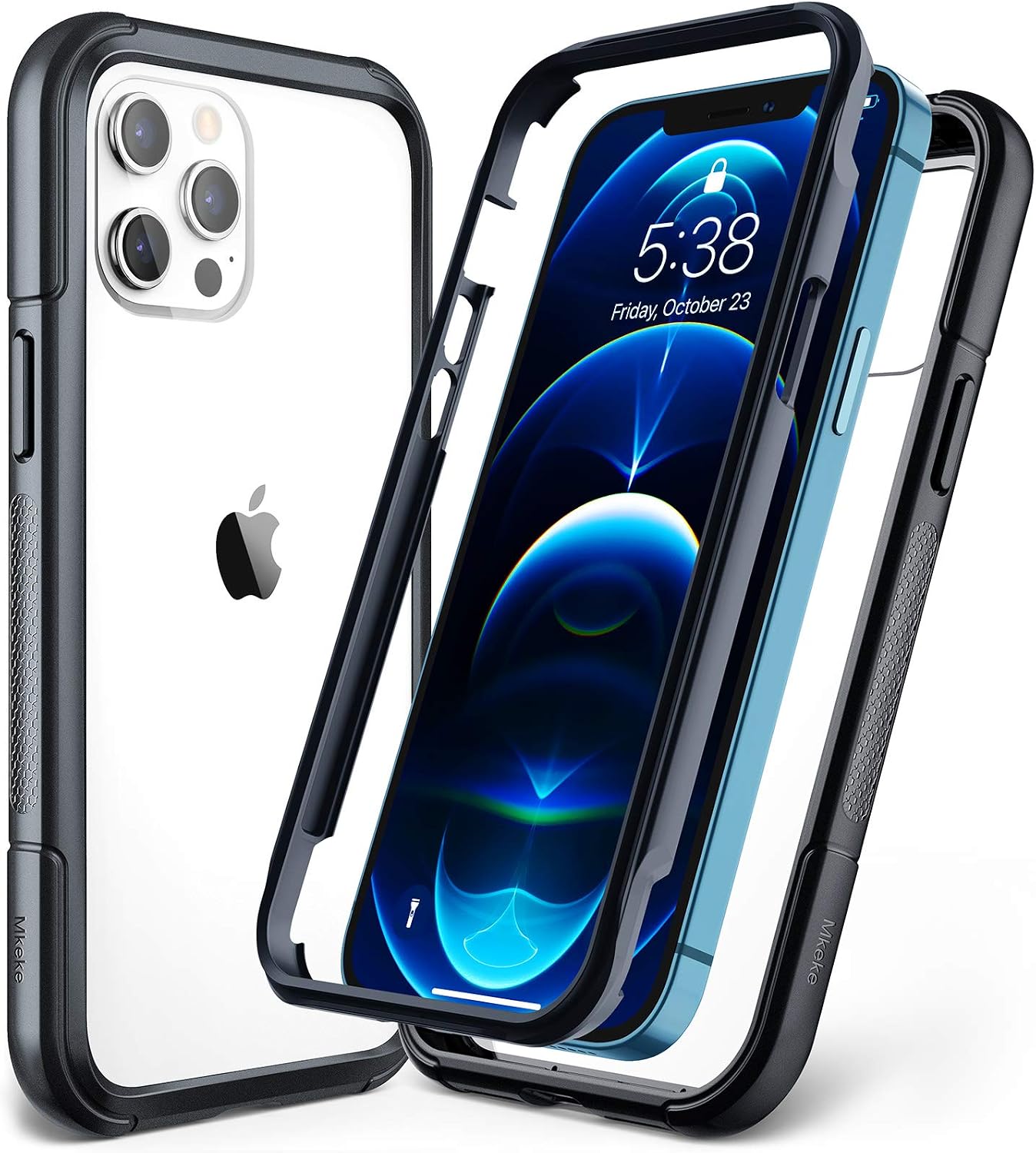 Mkeke Compatible with iPhone 12 Case, Compatible with iPhone 12 Pro Case 6.1 Inch Dual Layer with Shockproof Bumper, Black and Clear