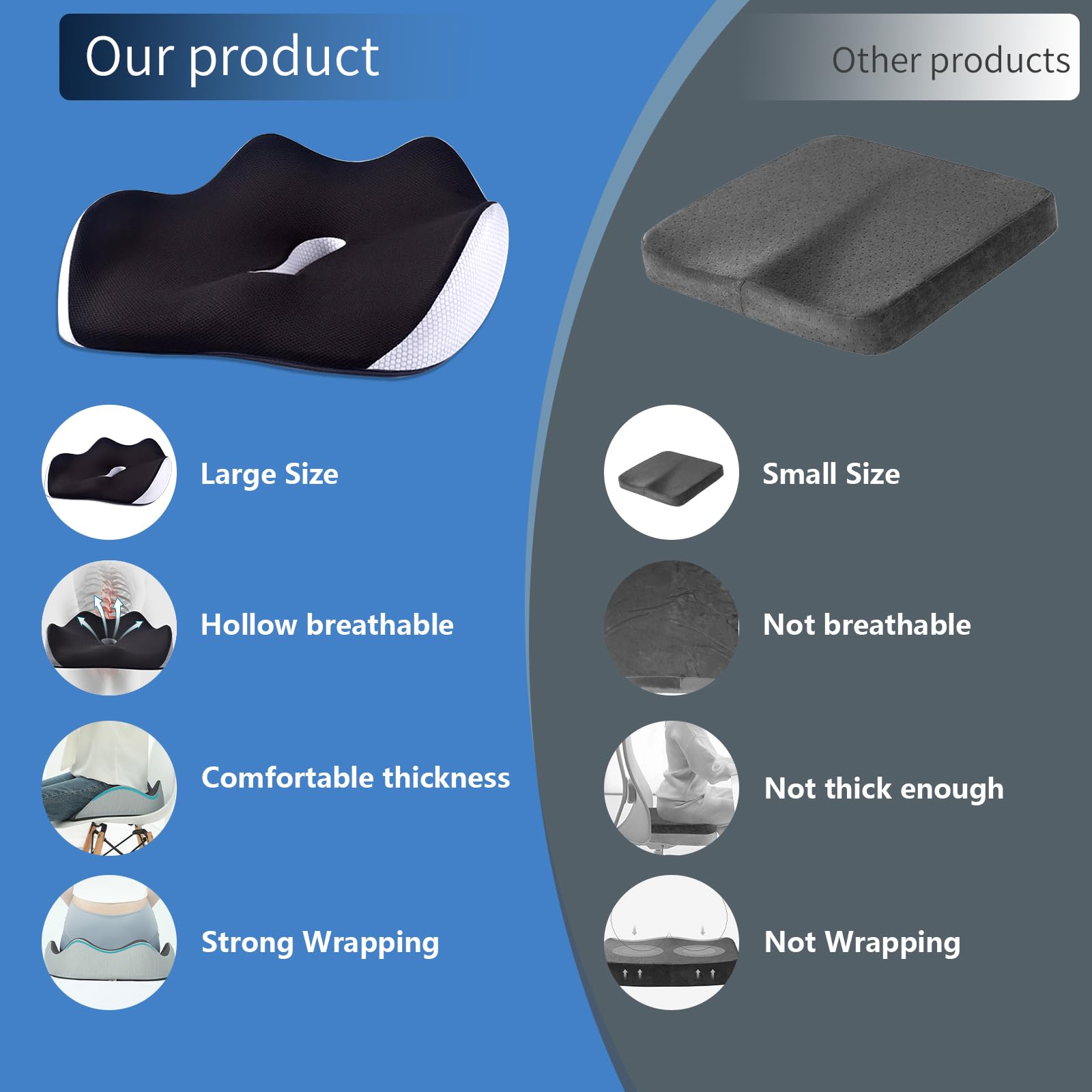 Cojín ortopédico para asiento de coche, coxis, alivio del dolor de ciática, hemorroides, cojín ergonómico de espuma viscoelástica para silla de oficina, silla de ruedas, juegos, color negro